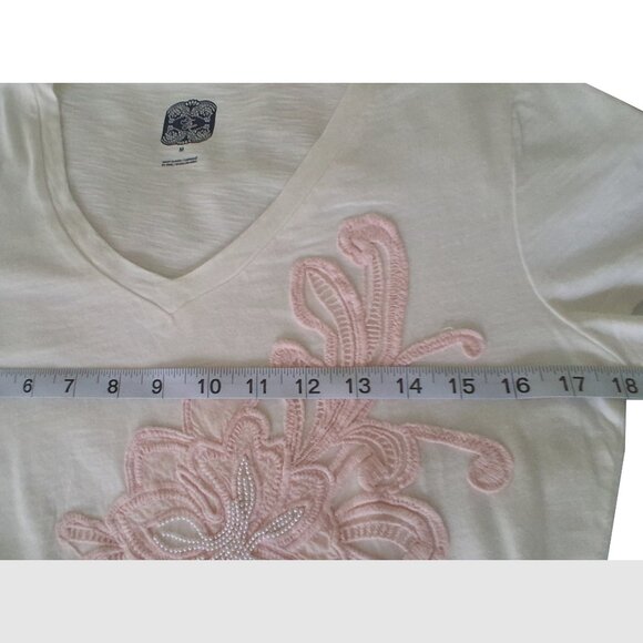Tommy Hilfiger White V-Neck Short Sleeve T-Shirt, Pearl & Pink Floral Detail, M - Picture 4 of 9